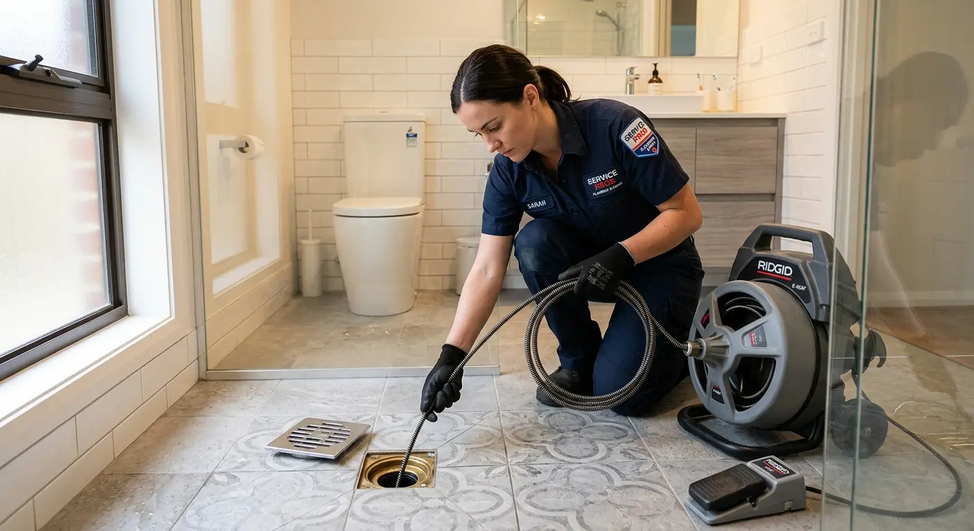 Technician clearing a bathroom floor drain for Drain Cleaning in Lopatcong